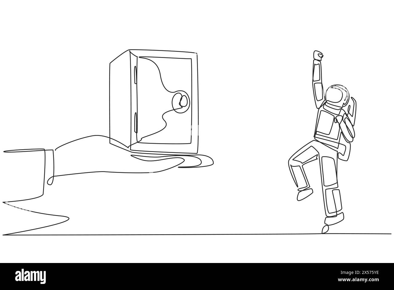Der Astronaut war begeistert, einen Safe von einer riesigen Hand zu bekommen. Lagern Sie die Astronautenausrüstung am sichersten Ort. Fest verriegelt Stock Vektor