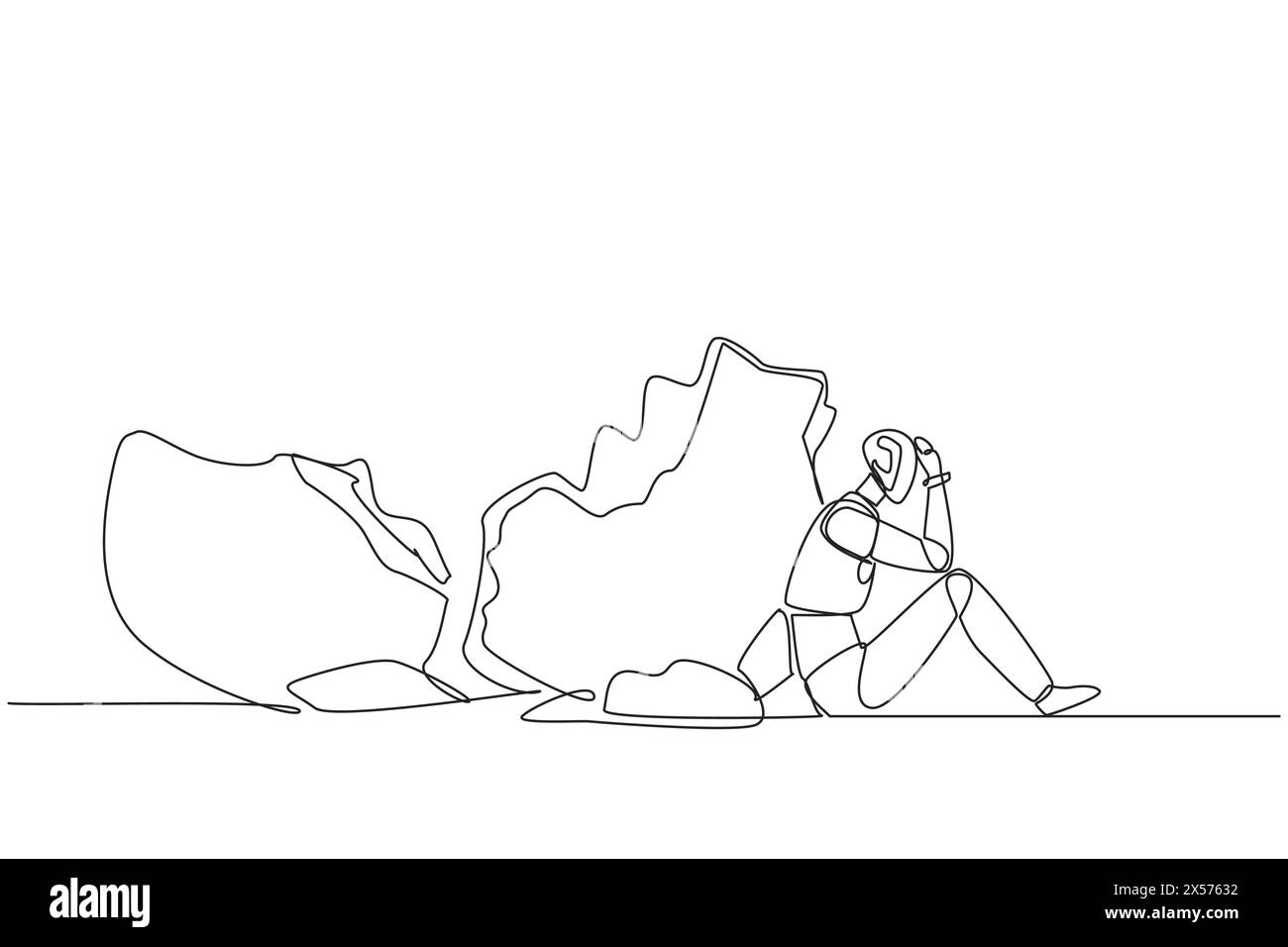 Eine einzige Linie zeichnet einen Roboter, der neben einer großen, zerstörten Schweinebank sitzt. Künstliche Intelligenz droht zu versagen. Konkurs. Zukunft Stock Vektor