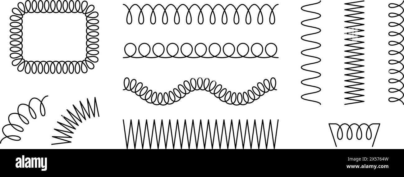 Satz Spiralfedern. Spulensammlung aus schwarzem Metalldraht. Dünne Spiralrahmen, Zickzacklinien, Drahtwellen, flexible Spulen und Bogenelemente für Grafikvorlagen, Dekor. Vektorbündel Stock Vektor