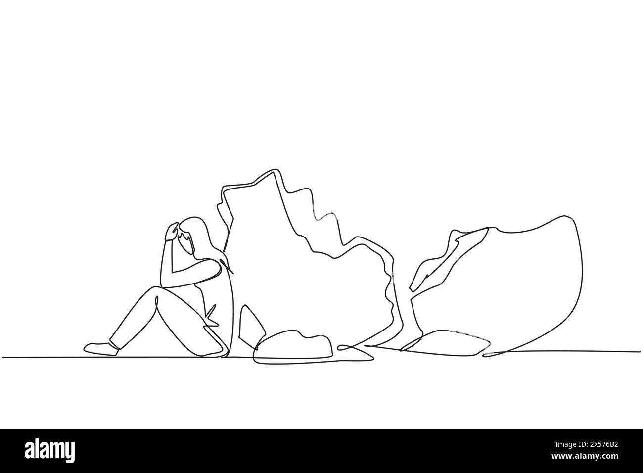 Eine durchgehende, einzeilige Geschäftsfrau sitzt neben einer großen, zerstörten Schweinebank. Schulden. Ratenzahlungen können nicht bezahlt werden. Schlechte Finanzen Stock Vektor