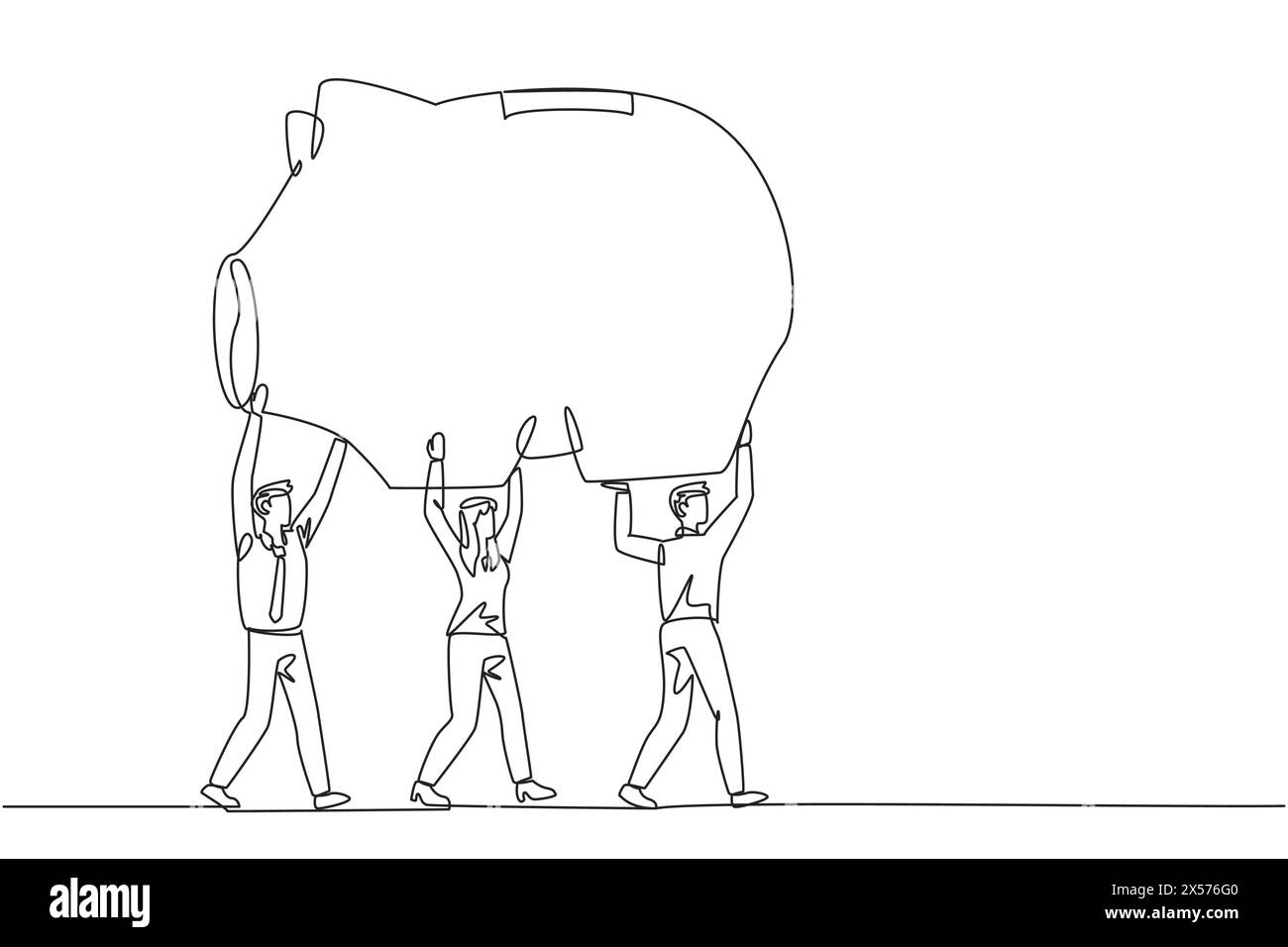 Eine durchgehende Linie zeichnet eine Gruppe von Geschäftsleuten und Geschäftsfrauen, die zusammen eine Sparkasse führen. Laden Sie zur Investition ein. Seien Sie vorsichtig, wenn Sie MON ausgeben Stock Vektor