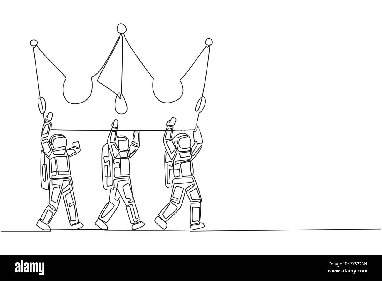 Durchgehende Linie, die eine Gruppe von Astronauten zeichnet, arbeiten zusammen, um die Krone zu tragen. Königliches Symbol. Luxuriös. Thron. Empire. Vintage. Spaceman außen sp Stock Vektor