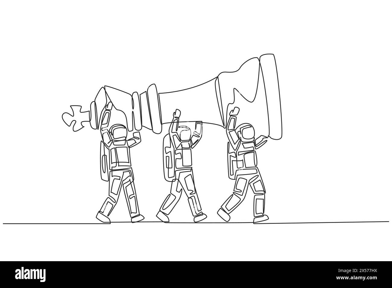 Eine einzige durchgehende Linie, die eine Gruppe von Astronauten zeichnet, die zusammen die Schachfiguren des Königs tragen. Rhythmus einstellen. Denken Sie vorsichtig über die Strategie nach Stock Vektor