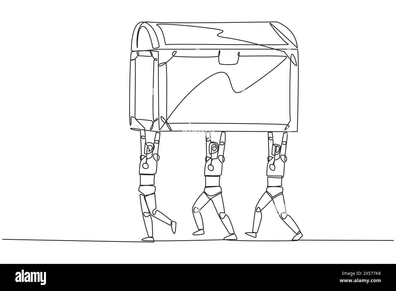 Eine einzelne Gruppe von Robotern mit kontinuierlicher Linienzeichnung arbeitet zusammen und trägt eine Schatzkiste. Ermitteln Sie rentable Objekte. Roboter erzielen maximale Gewinne. Futu Stock Vektor