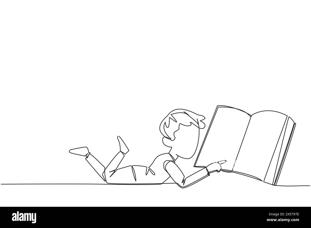 Ein einziger Zeichnungsjunge, der auf dem Bauch liegt und ein großes Buch liest. Lesen Sie Bücher in verschiedenen Stilen. Lesen erhöht die Einsicht. Liebe Readi Stock Vektor