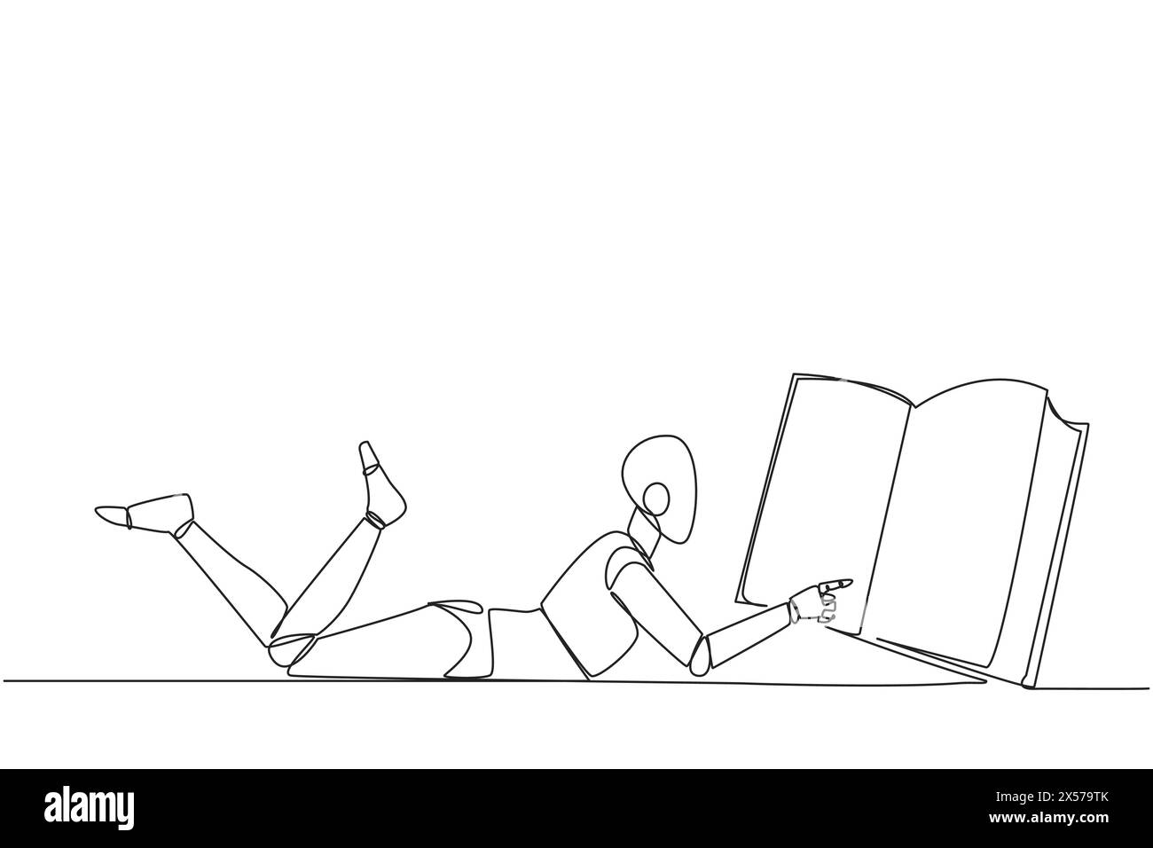 Ein intelligenter Roboter mit durchgehender Linienzeichnung, der auf dem Magen liegt und großes Buch liest. Lesen Sie Bücher in verschiedenen Stilen. Lesen erhöht die Einsicht. L Stock Vektor