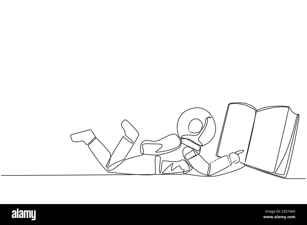 Durchgehend eine Linie zeichnender Astronaut, der auf dem Magen liegt und großes Buch liest. Genießen Sie das Lesen von Büchern in verschiedenen Stilen. Lesen erhöht die Einsicht. Liebe Re Stock Vektor