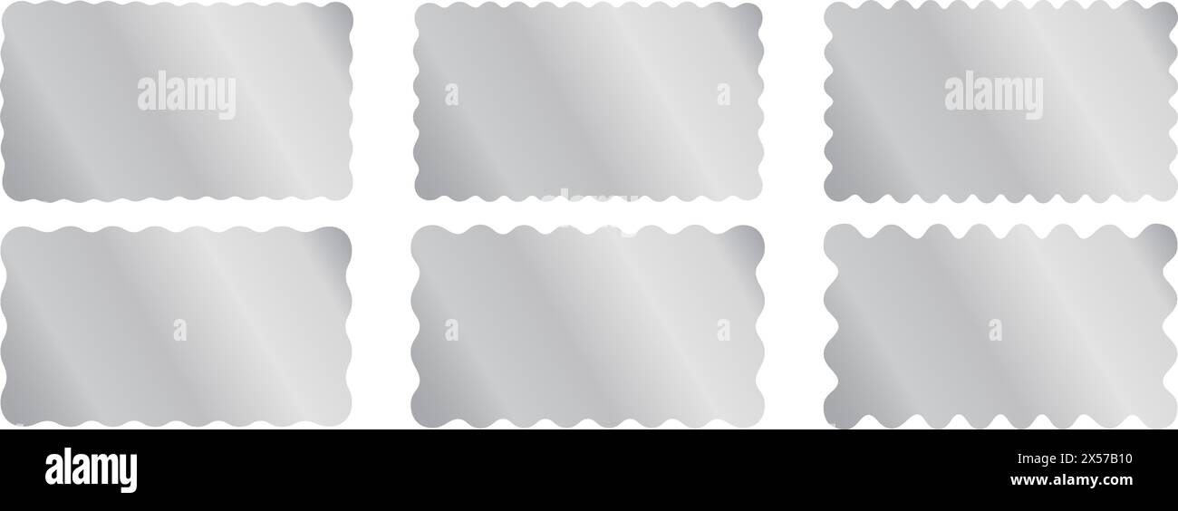 Set mit silbernen rechteckigen Aufklebern mit gewellten Rändern. Glänzende Etiketten, Abzeichen, Preisschilder, Coupons oder Stempel gekrümmte rechteckige Formen isoliert auf weißem Hintergrund. Realistische Vektordarstellung. Stock Vektor