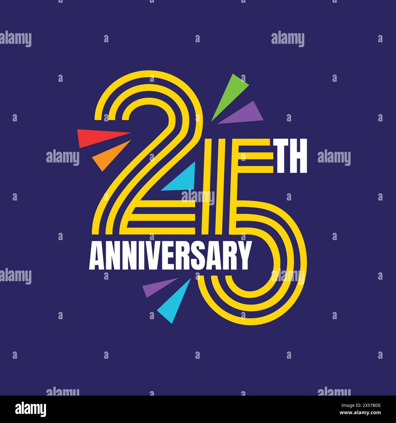 Logo zum 25. Jahrestag mit goldenem Text und Festelementen auf blauem Hintergrund. 25 Jahre Geburtstagsvorlage, Abzeichen, Aufkleber, Poster, Banner Stock Vektor