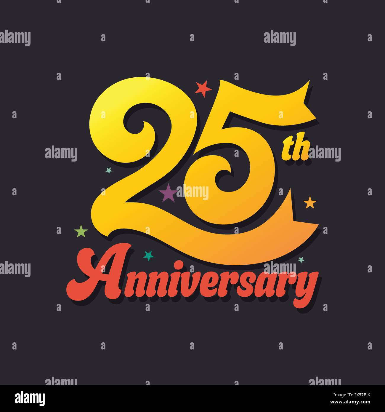 Logo zum 25. Jahrestag mit goldenem Text, Band und Sternen auf schwarzem Hintergrund. 25 Jahre Geburtstagsvorlage, Abzeichen, Aufkleber, Poster, Banner Stock Vektor