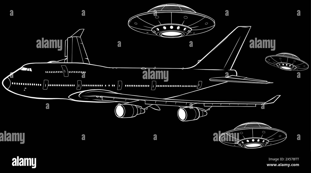 Weiße Silhouette des Satzes fliegende Untertassen auf schwarzem Hintergrund Illustrationsvektor Stock Vektor