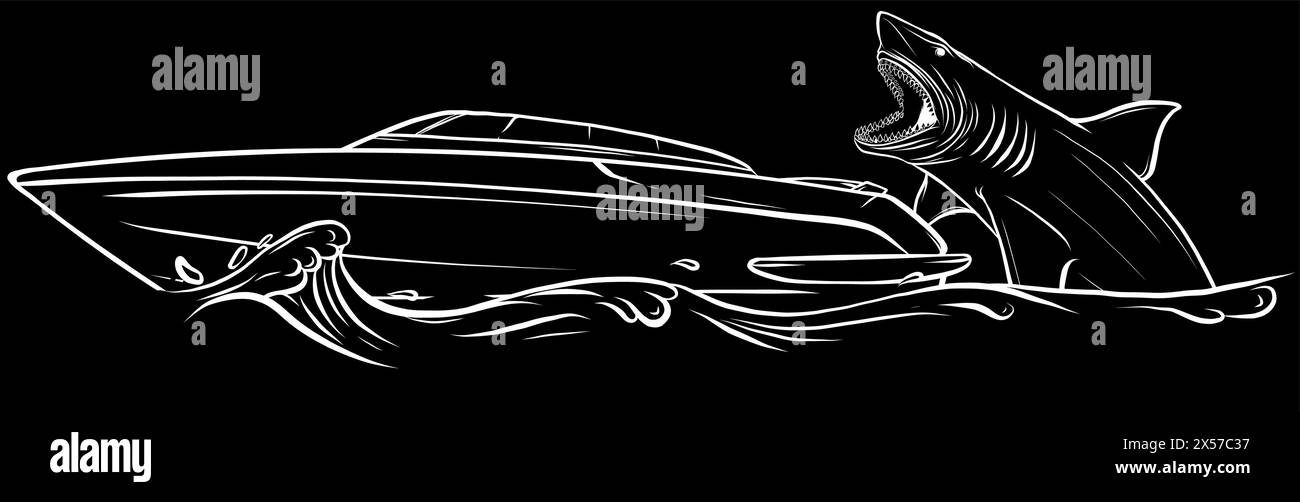 Weiße Silhouette eines hungrigen Haiangriffs-Yachtschiffs aus dem Ozeanwasser auf schwarzem Hintergrund Stock Vektor