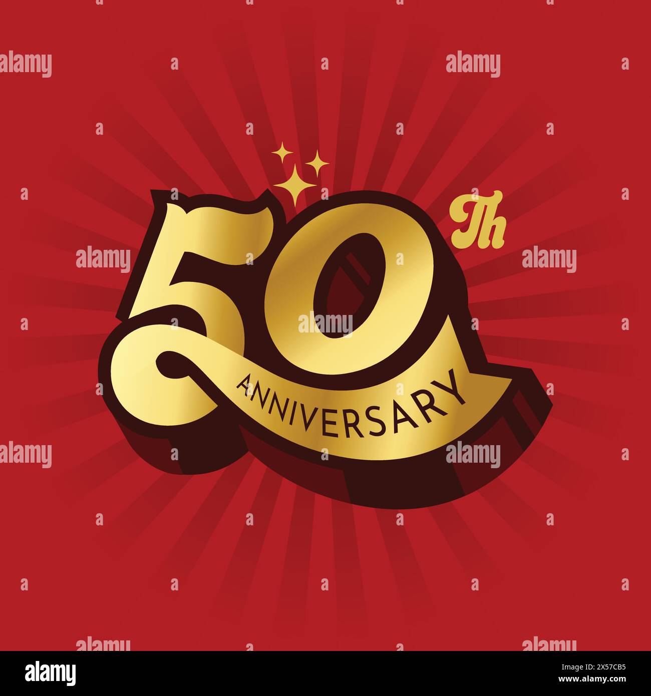 Goldenes Logo zum 50. Jahrestag für den 50. Geburtstag von Firma oder Person. Fünfzigjähriges Luxuslogo auf rotem Hintergrund. 50 Stock Vektor
