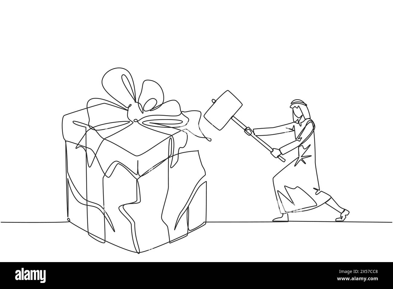 Durchgehend eine Linie zeichnender arabischer Geschäftsmann, der sich darauf vorbereitet, eine große Geschenkbox zu treffen. Geschäftsmann bringt Enttäuschung zum Ausdruck. Alles zerstören, was in Sicht ist. A Stock Vektor