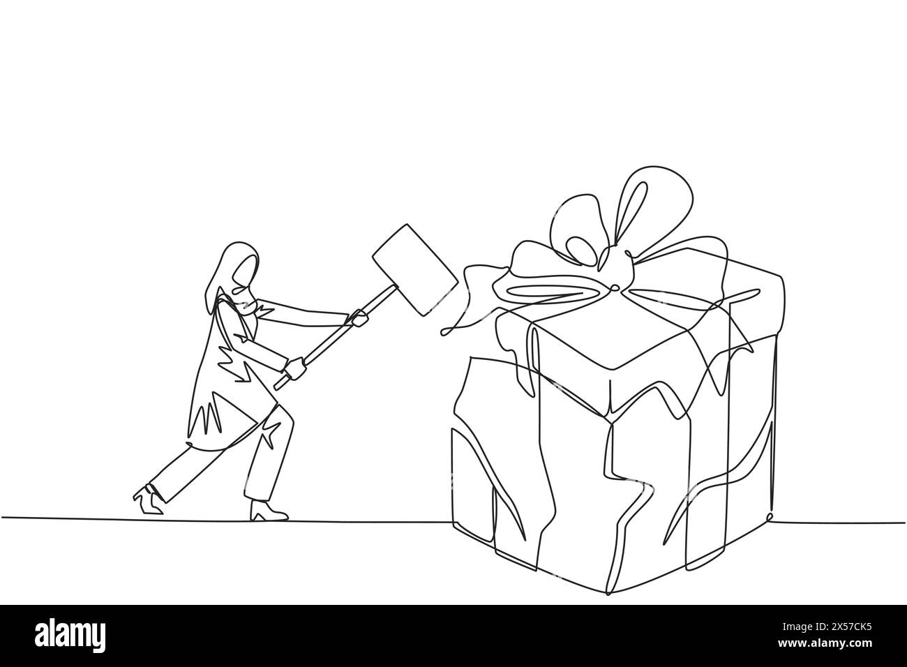 Durchgehende, einzeilige arabische Geschäftsfrau, die sich darauf vorbereitet, eine große Geschenkbox zu treffen. Geschäftsmann bringt Enttäuschung zum Ausdruck. Alles zerstören, was in Sicht ist. A Stock Vektor