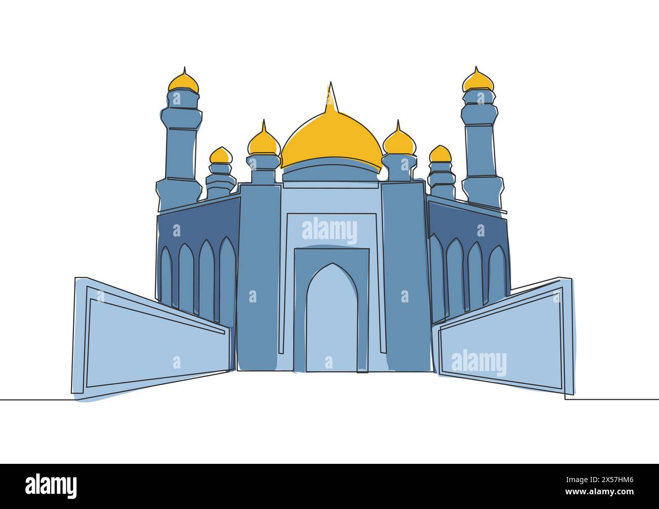 Eine einzeilige Zeichnung der islamischen historischen Kuppel Wahrzeichen Masjid oder Moschee. Heiliger Ort zum Gebet für den Islam Menschen Konzept kontinuierliche Linie ziehen desig Stock Vektor