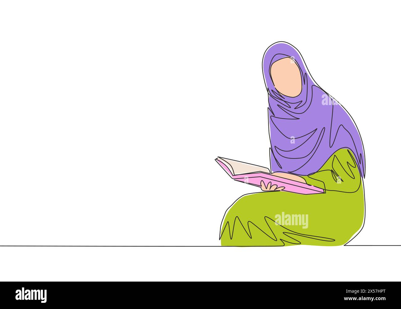 Eine einzeilige Zeichnung von jungen attraktiven muslimah mit Kopftuch Lesebuch in der Bibliothek. Schöne asiatische Frau Modell in trendigen hijab Mode conce Stock Vektor