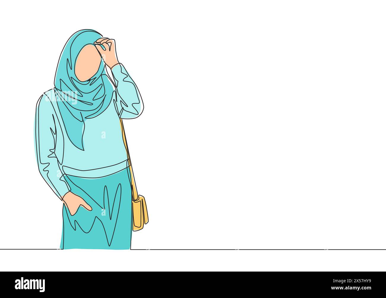 Eine einzeilige Zeichnung eines jungen, glücklichen Schönheits-Muslimah-Mädchens mit Kopftuch und Handtasche. Niedliches asiatisches Damenmodell im trendigen Hijab-Modekonzept Stock Vektor