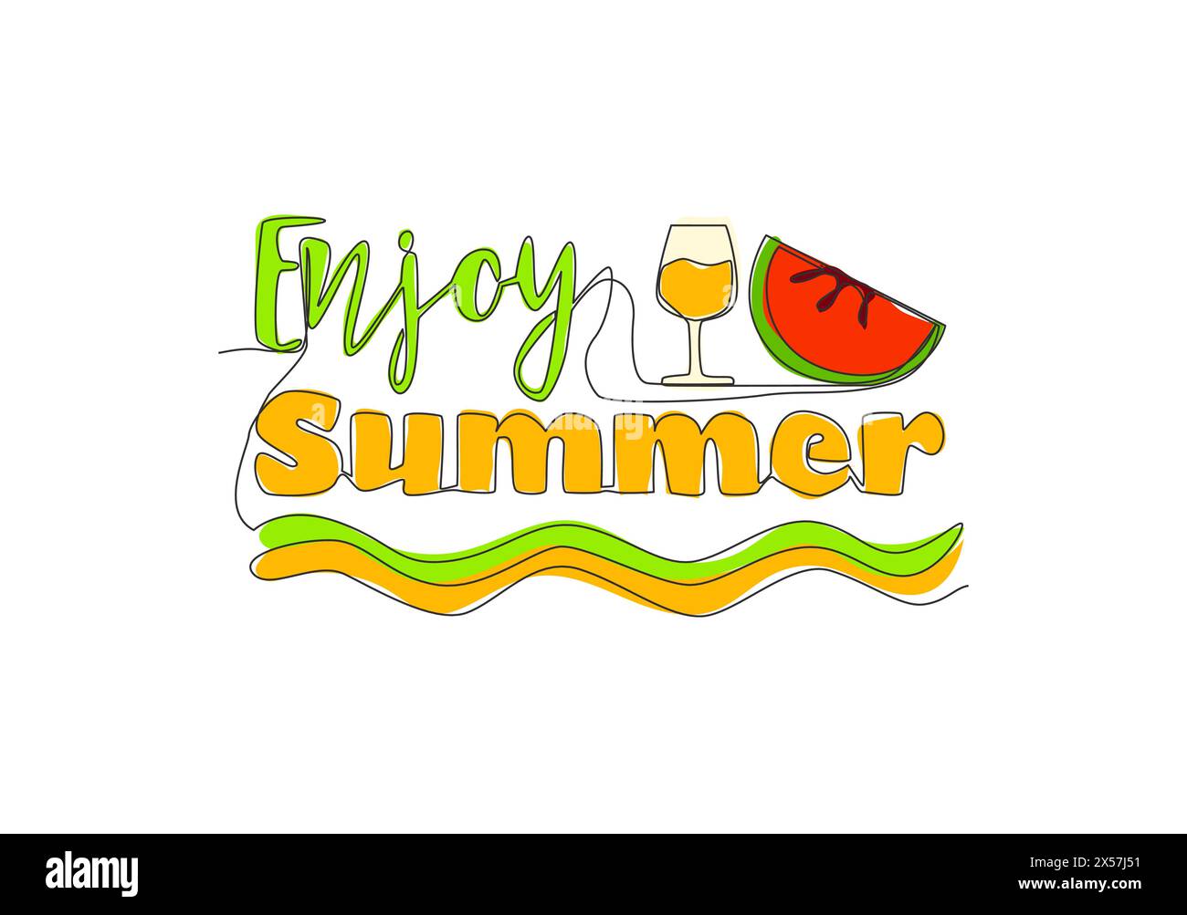 Einzelne durchgehende Linienzeichnung mit niedlichem und coolem typografischem Zitat zur Urlaubszeit - Genießen Sie den Sommer. Kalligraphisches Design für Druck, Karte, Banner, Poster. Eins Stock Vektor