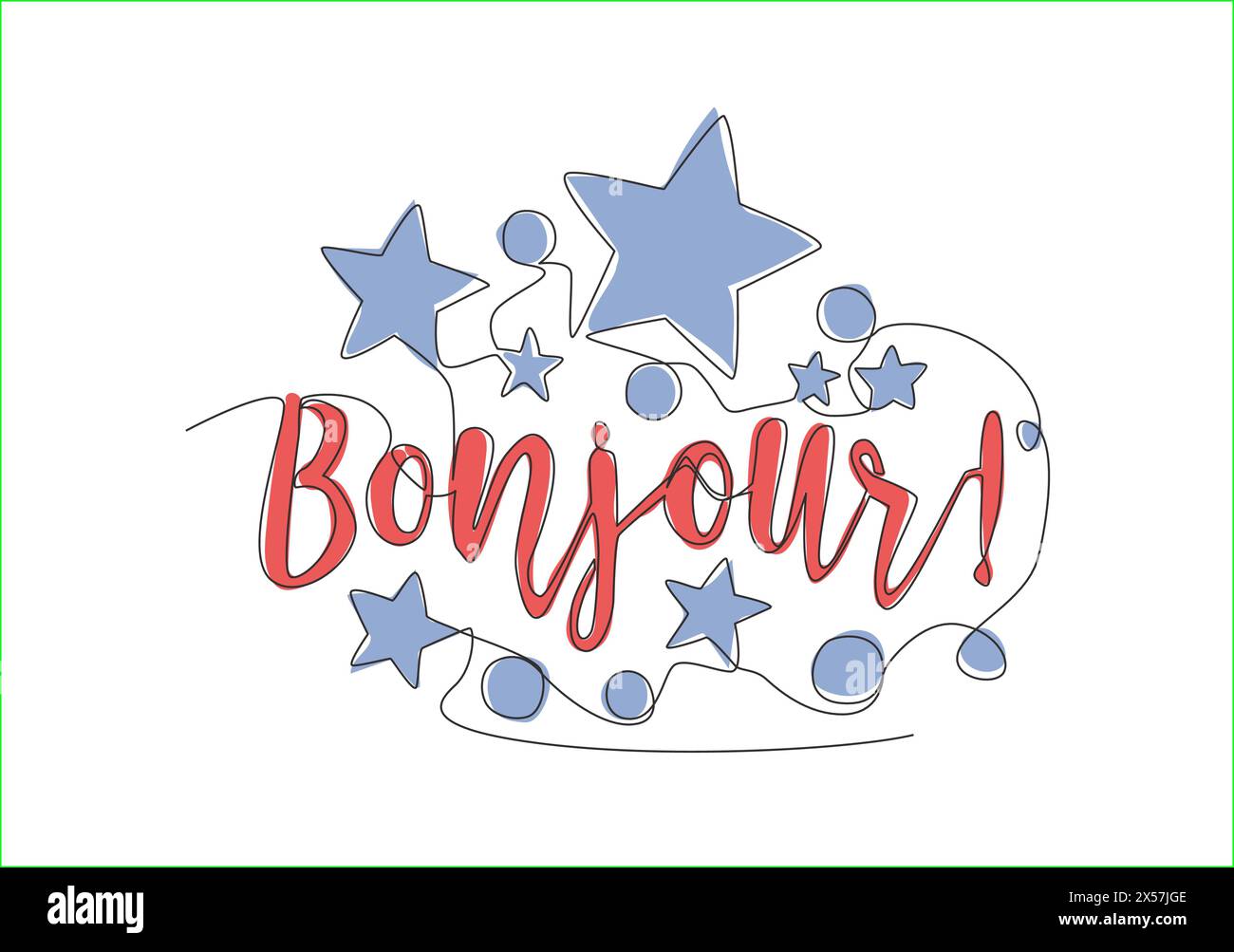 Eine durchgehende Linienzeichnung mit niedlichem und entzückendem Typografie-Zitat - Bonjour. Kalligraphisches Design für Druck, Grußkarte, Banner, Etikett, Poster. Singen Stock Vektor