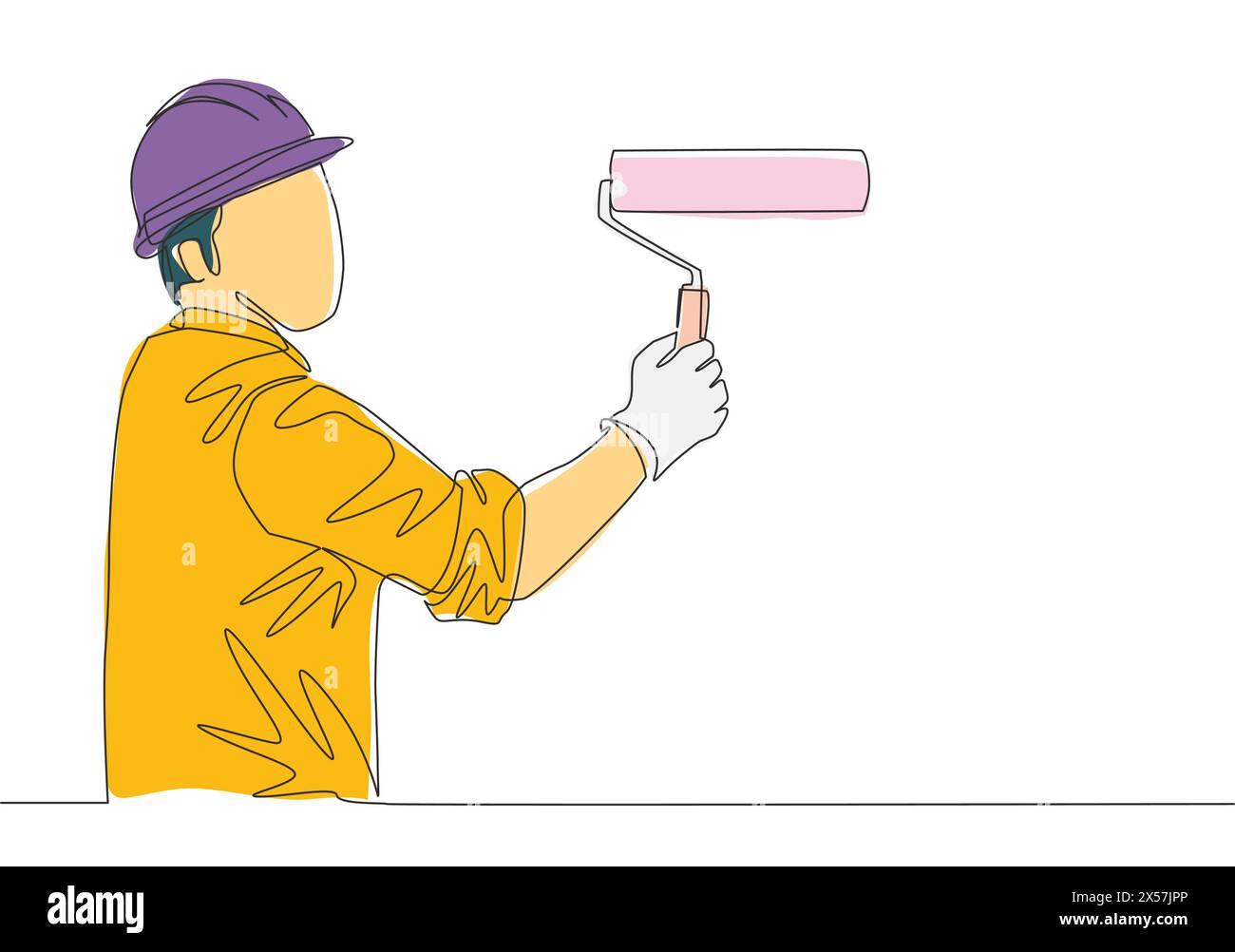Eine einzeilige Zeichnung eines jungen Arbeiters, der mit Malerwalze die Bauwand anstrich. Servicekonzept zur Renovierung der Malerwand. Kontinuierlich li Stock Vektor