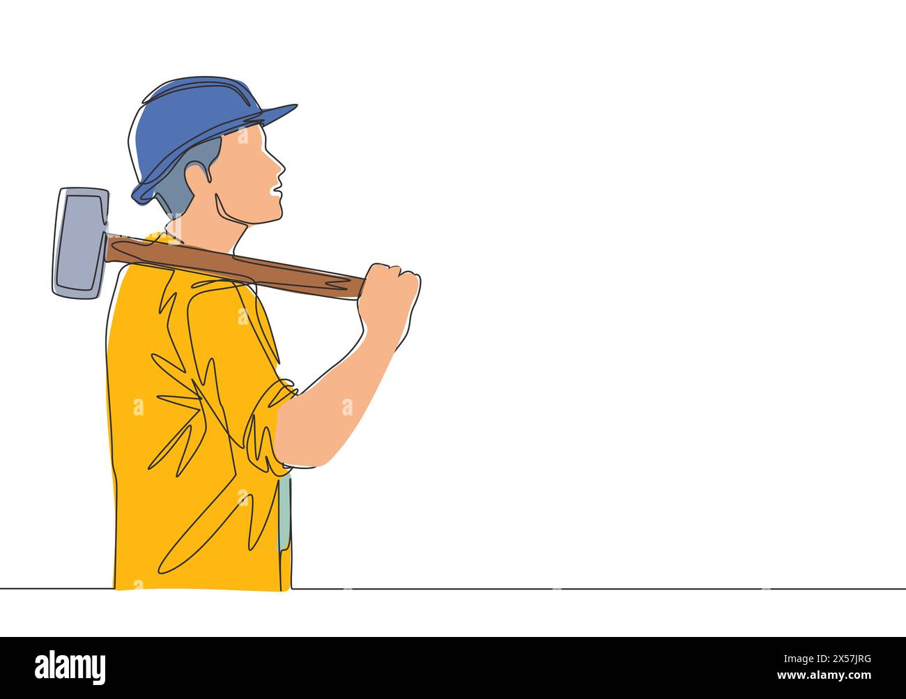 Eine durchgehende Linienzeichnung eines jungen Baumeisters mit Handwerkeruniform und Helm, während er einen großen Hammer hält. Handwerker-Hausreparaturservice c Stock Vektor