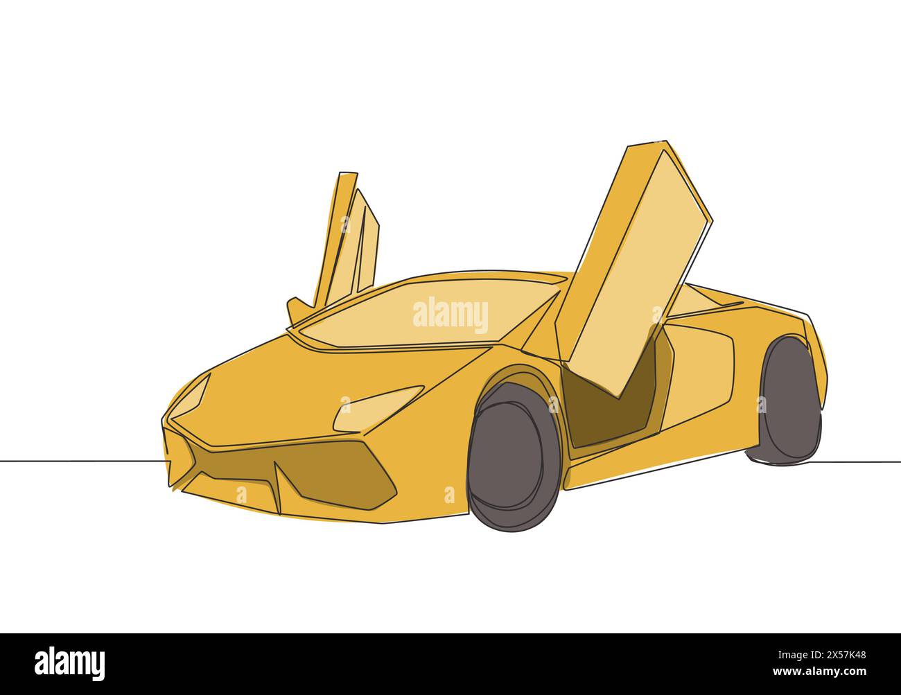 Eine Linienzeichnung eines luxuriösen Sportwagens mit geöffneter Flügeltür. Transportkonzept für Superfahrzeuge. Einfache durchgehende Linienführung Stock Vektor