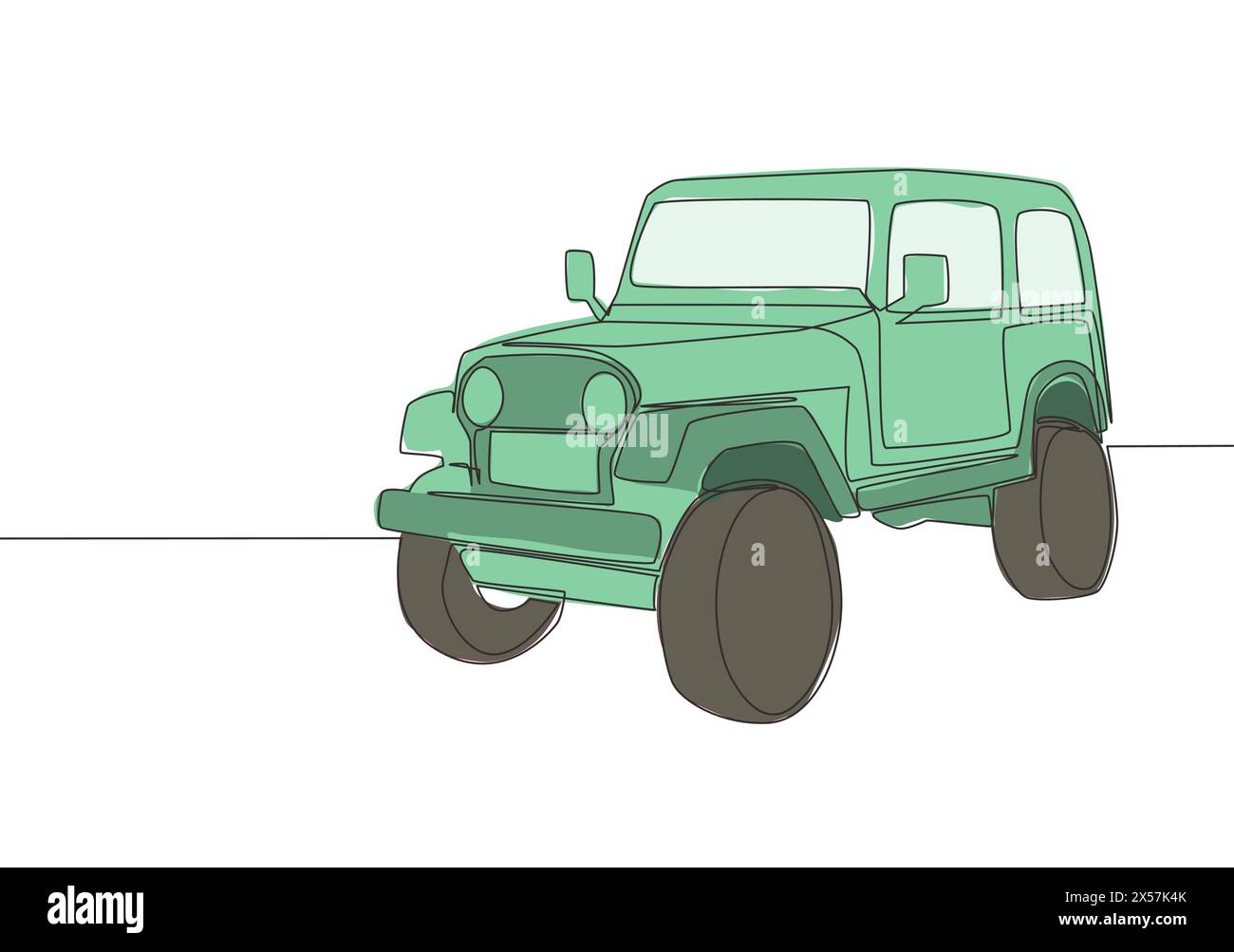 Einzeilige Zeichnung eines Geländewagens mit Geländewagen. Offroad-Abenteuer-Rallye-Fahrzeug-Transportkonzept. Eine durchgehende Linienzeichnung Stock Vektor