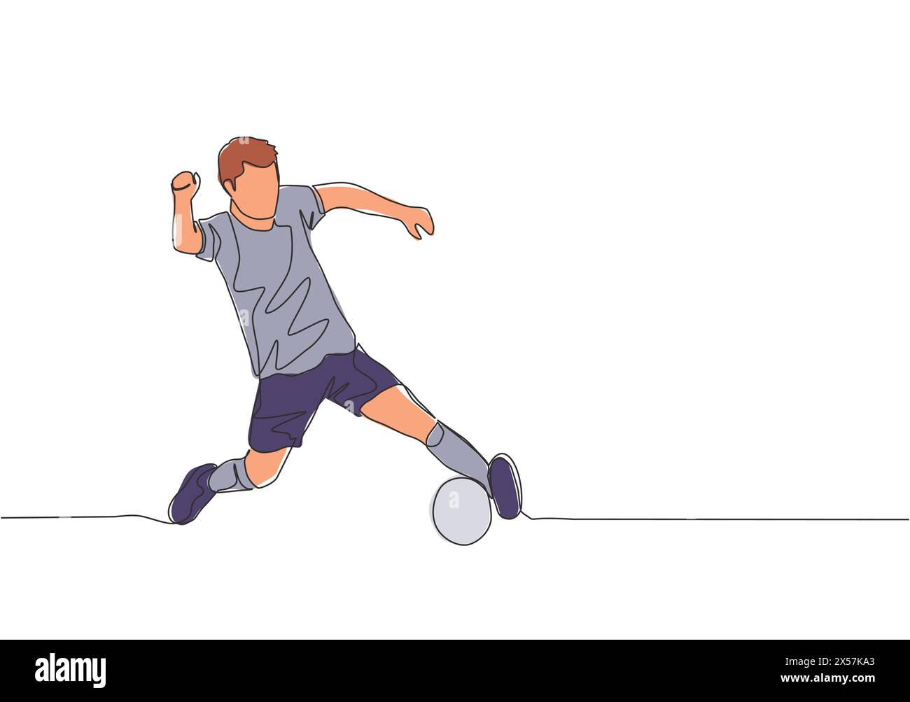 Eine einzelne Linienzeichnung eines jungen Fußballspielers mit Kurzarm-Trikot-Training zur Ballkontrolle. Fußballspiel Sportkonzept. Durchgehende Linie dr Stock Vektor