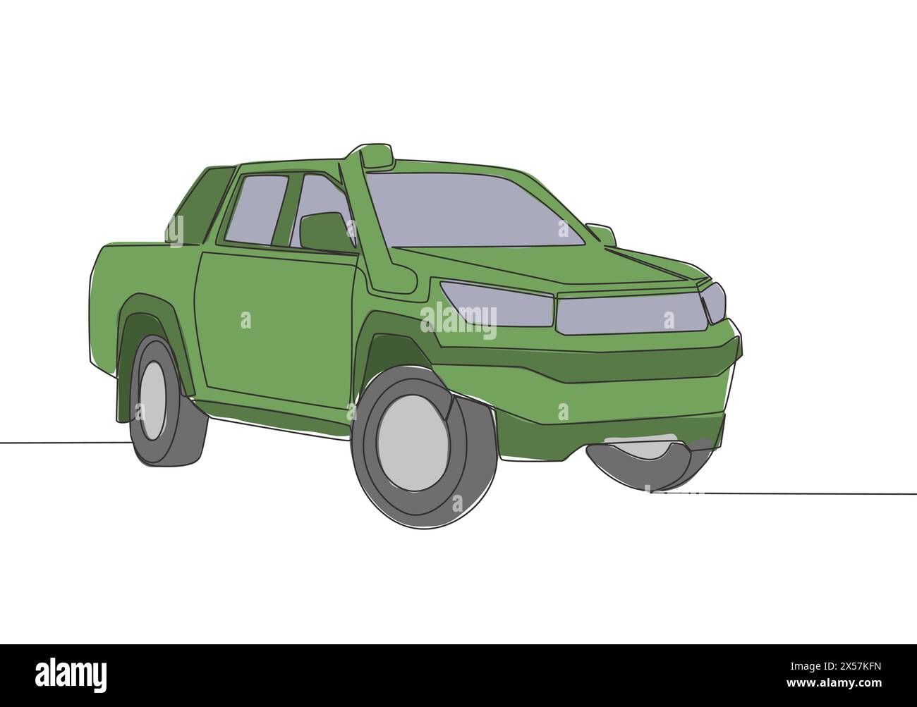 Eine Linienzeichnung eines robusten Pickup-Fahrzeugs mit Allradantrieb. Sportliches Fahrzeugtransportkonzept. Einfache durchgehende Linienführung Stock Vektor