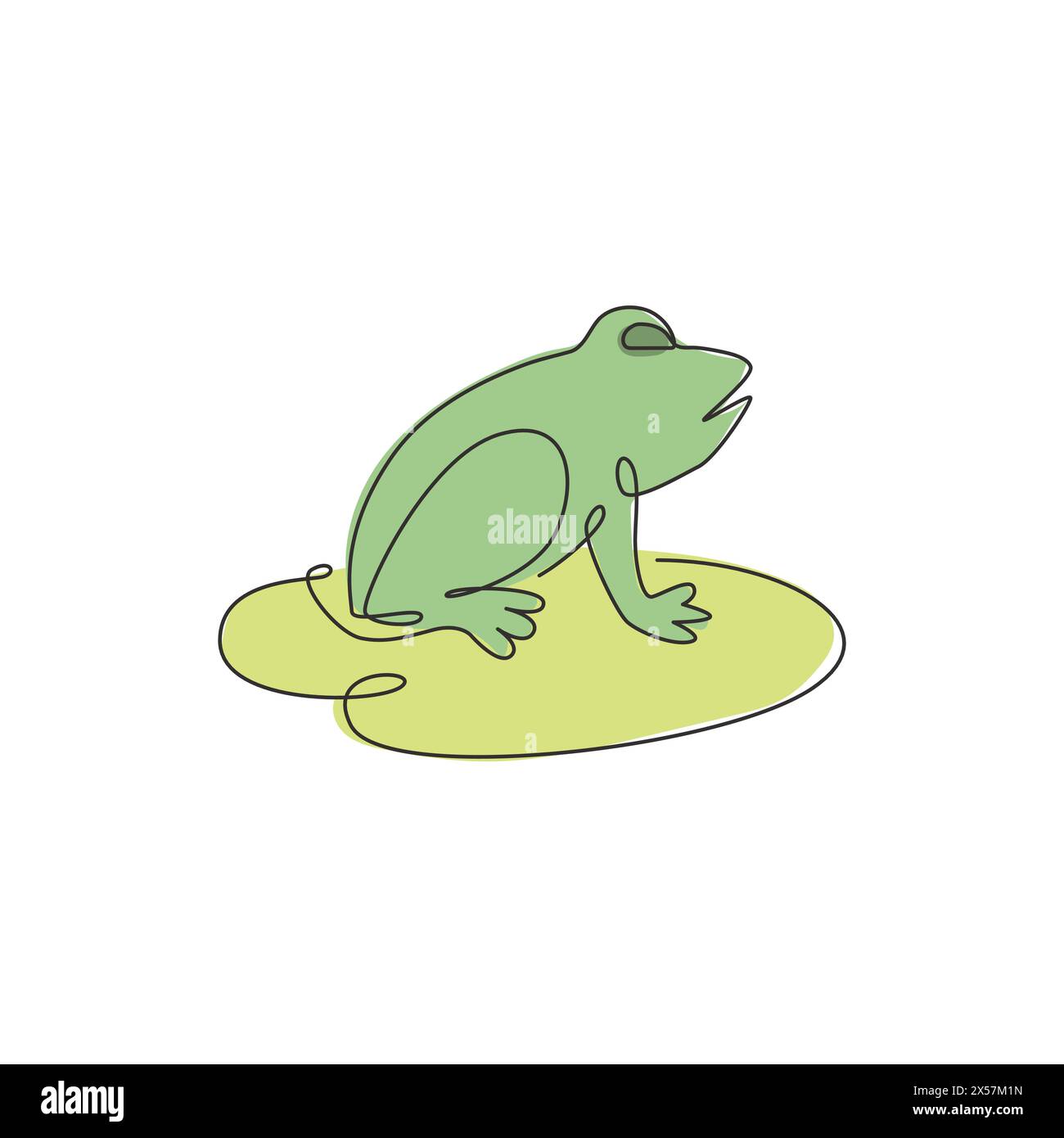 Einzelne durchgehende Linienzeichnung von glücklichem Frosch über Lotusblatt auf Sumpfsee für Kinder Lehrbuch. Niedliches Tierdesign. Dynamisch eine Zeile Stock Vektor