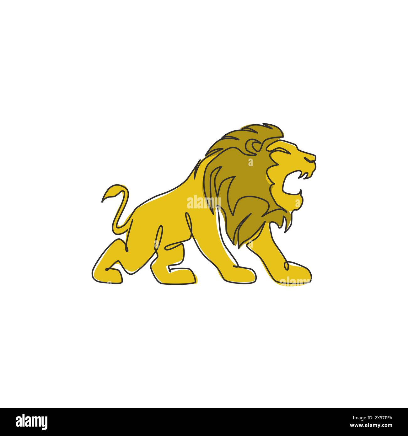 Eine durchgehende Linienzeichnung des Königs des Dschungels, Löwe für Firmenlogo. Starkes katzenförmiges Säugetiermaskottchen-Konzept für den nationalen Safarizoo. Stock Vektor