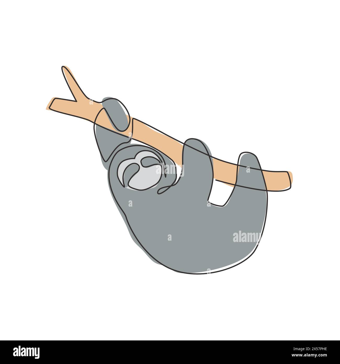 Eine durchgehende Linienzeichnung mit faulem Faultier, das am Baumzweig hängt, um die Identität des Logos zu gewährleisten. Maskottchen für Säugetiere für die Nationalparkikone. Moderne Si Stock Vektor