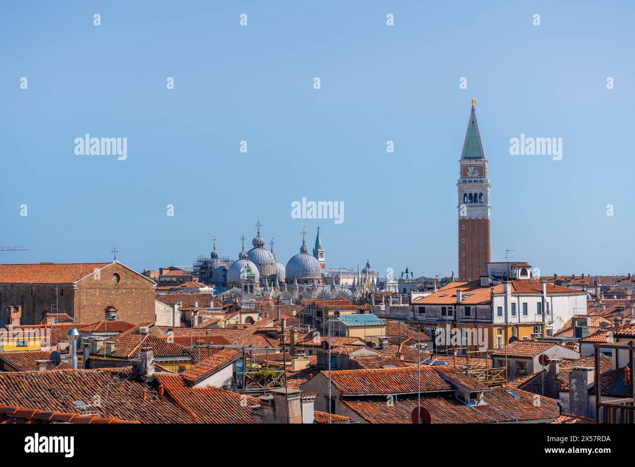 Blick über die Dächer von Venedig auf den Glockenturm Campanile und die Kuppeln des Markusdoms, Blick vom Dach des Fondaco dei Tedeschi Stockfoto