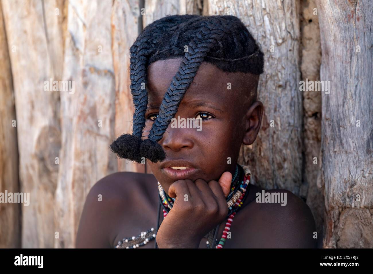 Himba Mädchen mit geflochtenen Zöpfen, Porträt, nahe Opuwo, Kaokoveld, Kunene, Namibia Stockfoto