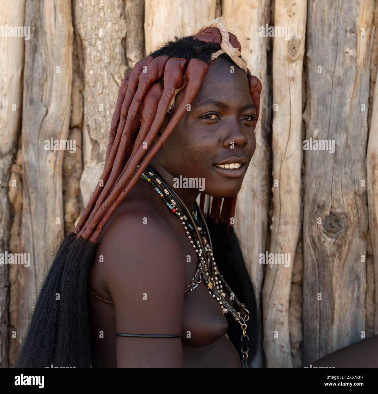 Traditionelle Himba-Frau, Porträt, in der Nähe von Opuwo, Kaokoveld, Kunene, Namibia Stockfoto