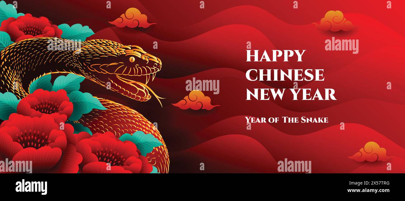 Happy Chinese New Year 2025 Bannerdesign, mit Schlangen-Sternzeichen und Pfingstrose Blume Illustration Stock Vektor