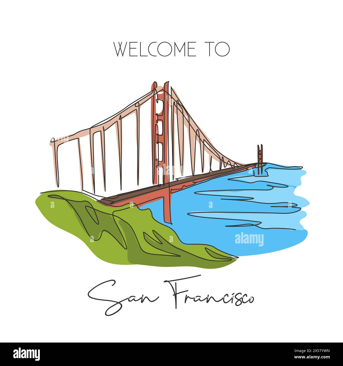 Eine einzelne Linie mit dem Wahrzeichen der Golden Gate Bridge. Legendärer Ort in San Francisco, USA. Tourismusreisen Wohnkultur Wandbild Posterdruck Konzept. Modus Stock Vektor