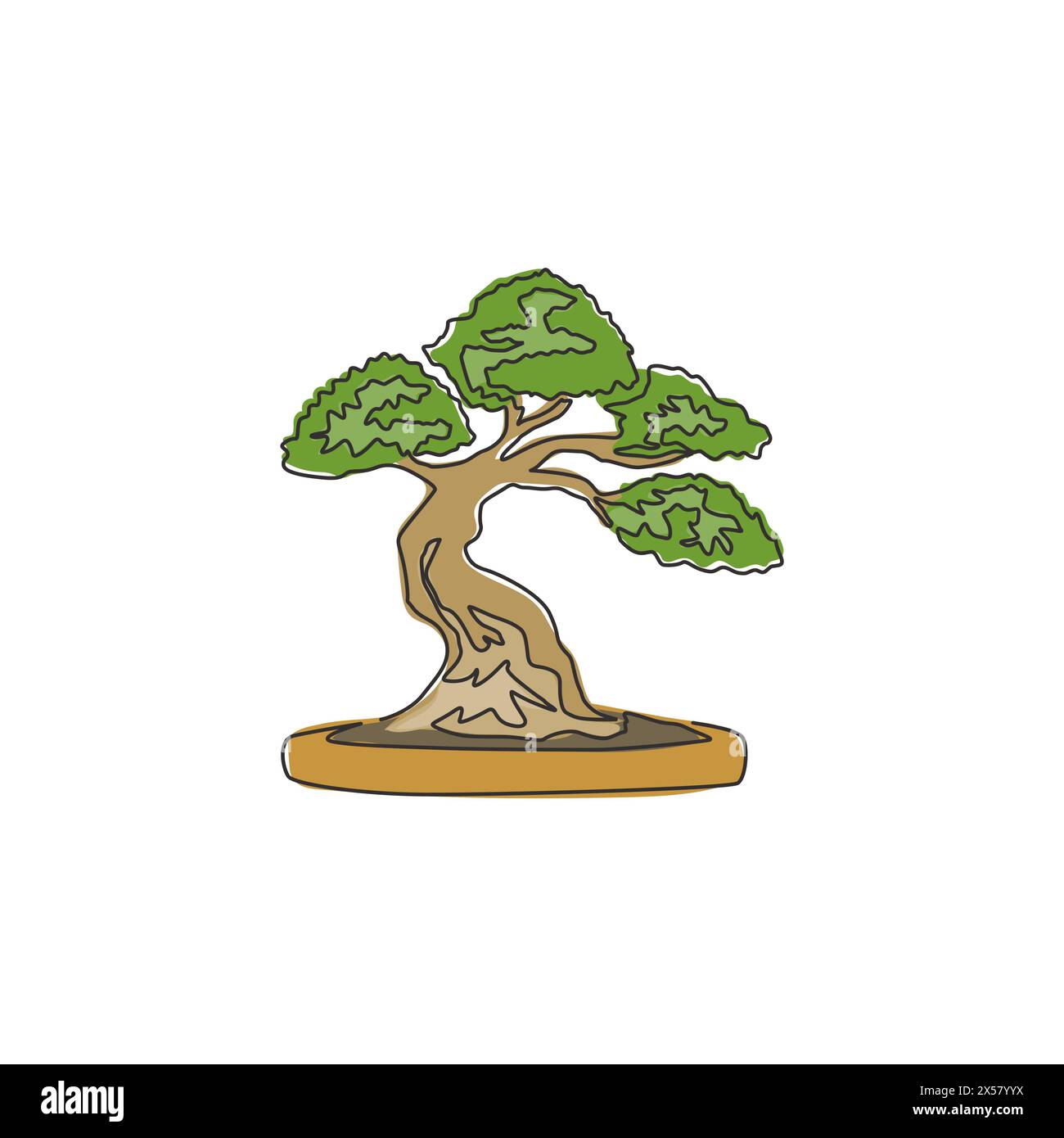 Eine durchgehende Linie, die alte Schönheit, exotischen kleinen Bonsaibaum für Wohnkunst, Wanddekoration, Poster, zeigt. Dekorative antike Topfpflanze für den Pflanzenladen Stock Vektor