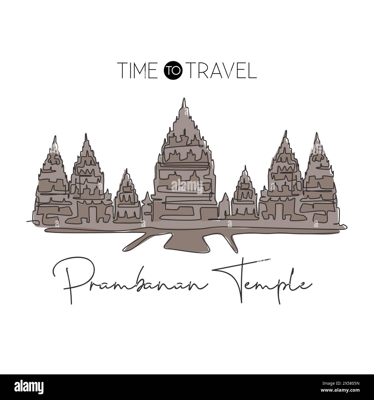 Eine einzelne Linie mit dem Wahrzeichen des Prambanan-Tempels. Weltberühmter Ort in Jogja, Indonesien. Tourismus Reise Postkarte Wohnwand Dekor Druckkonzept. Modus Stock Vektor