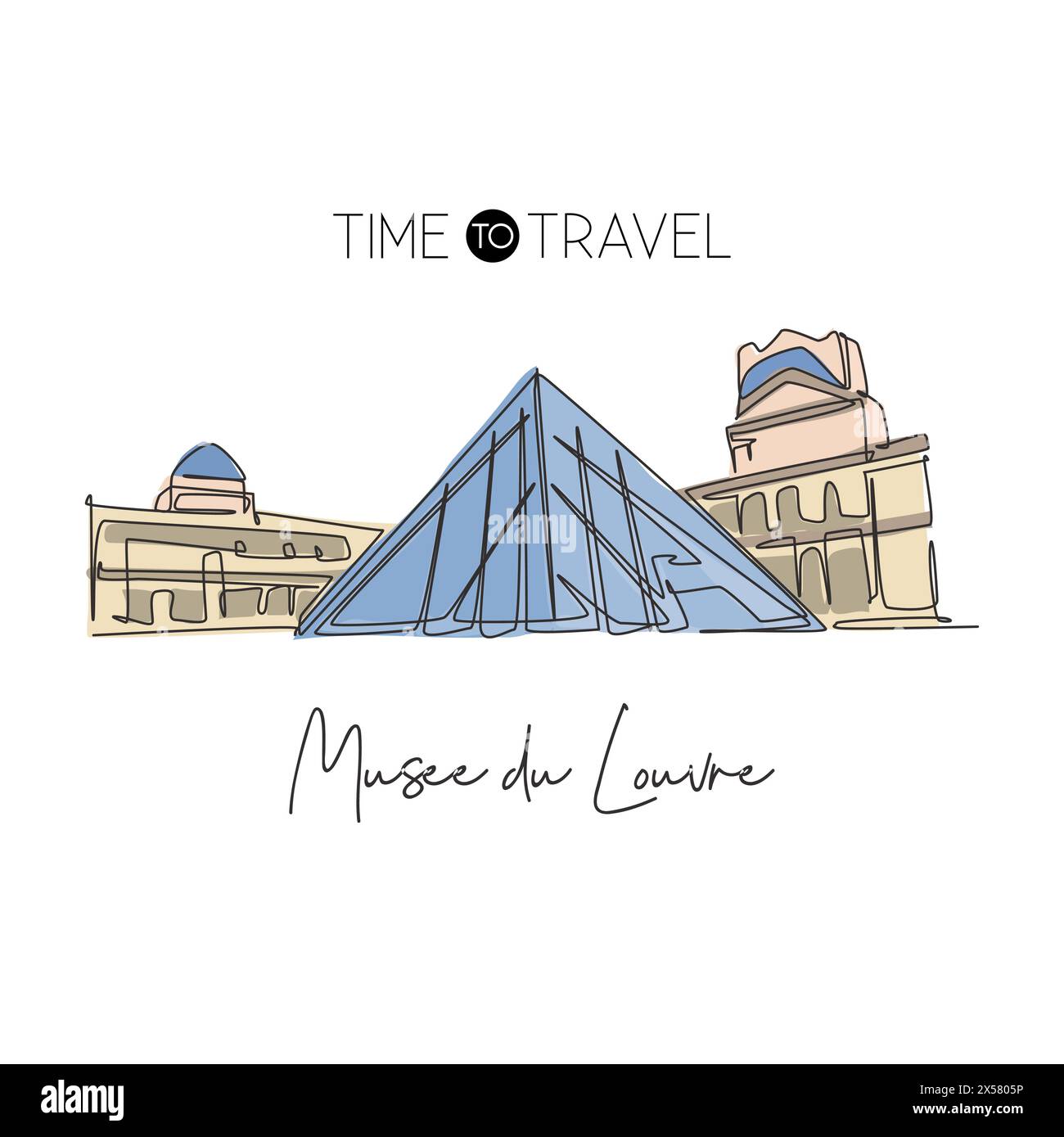 Depok, Indonesien - 5. August 2019: Eine durchgehende Linienzeichnung mit Begrüßung im Musée du Louvre oder Louvre Museum. Weltberühmter Ort in Paris, Frankreich. Wa Stock Vektor