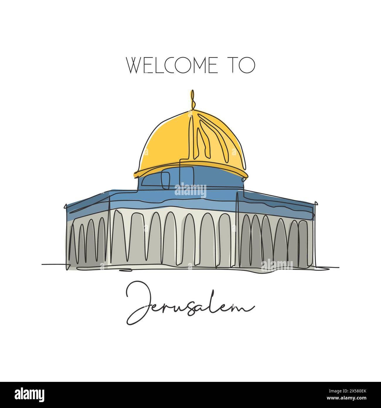 Eine einzeilige Zeichnung Dome of the Rock, Wahrzeichen der Al Aqsa Moschee. Berühmte Wahrzeichen in Jerusalem. Tourismus Postkarte Wohnwand Dekor Poster Konzept. Modern Stock Vektor