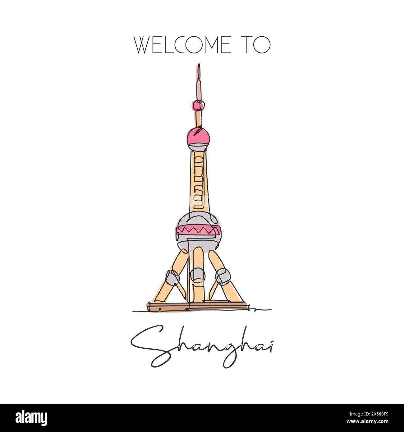 Depok, Indonesien - 6. August 2019: Eine einzeilige Zeichnung des Wahrzeichens des Oriental Pearl Tower. Weltberühmter Ort in Shanghai, China. Tourismusreisen postca Stock Vektor