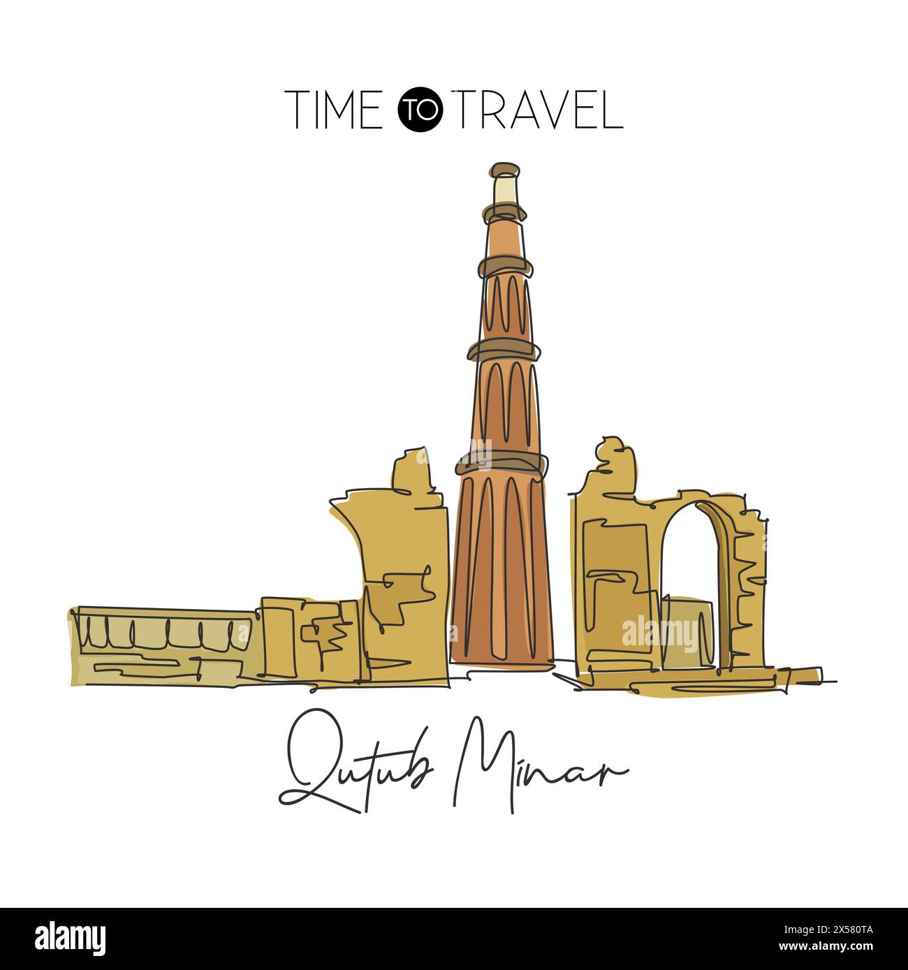 Eine durchgehende Linie, die das Wahrzeichen der Qutub-Minar-Moschee zeichnet. Der schönste berühmte Ort in Delhi, Indien. World Travel Wanddekor mit Postermuster. Stock Vektor