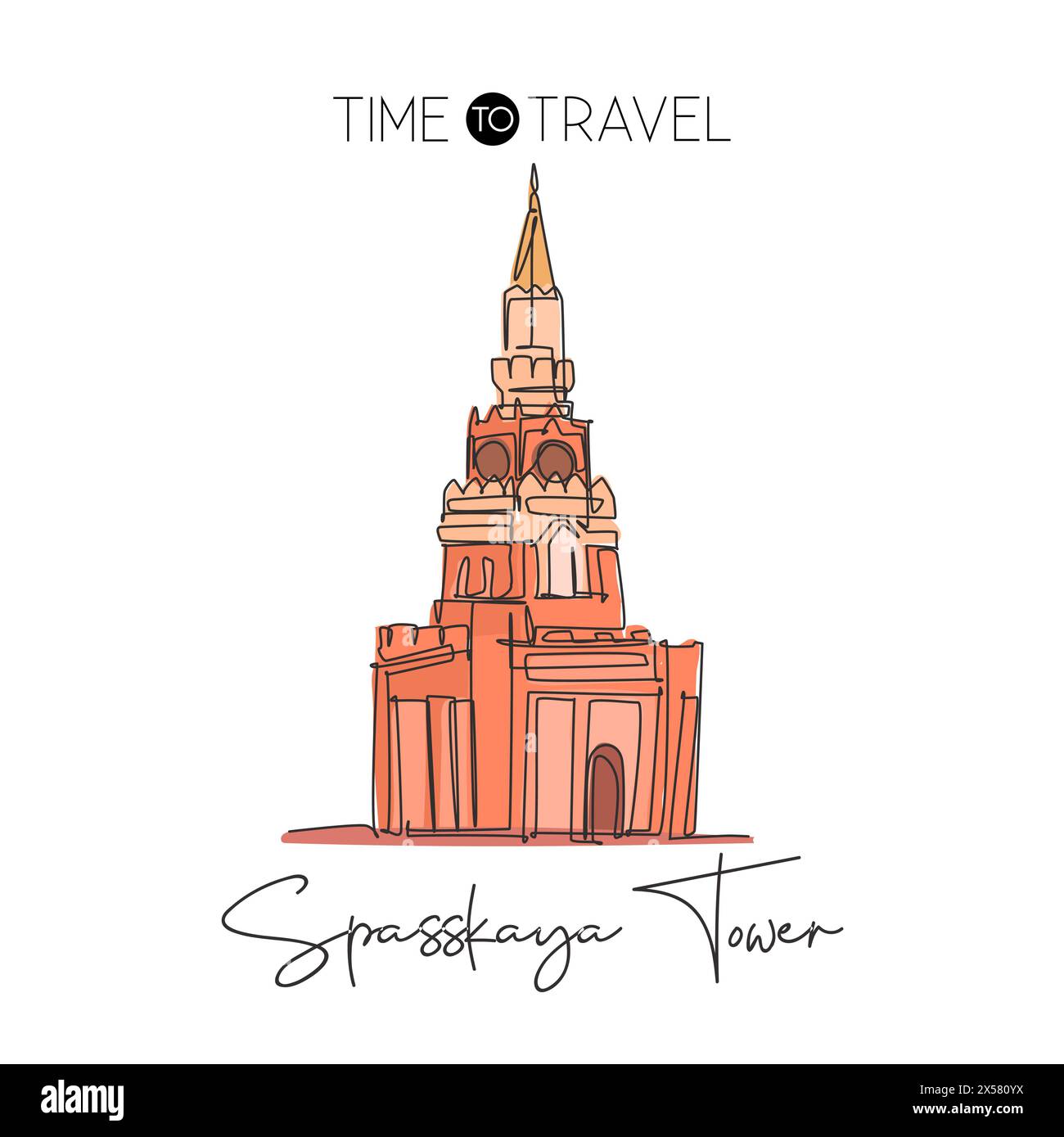 Eine durchgehende Linie, die das Wahrzeichen des Spasskaya Turms zeigt. Weltberühmter Ort in Moskau, Russland. Urlaub Wand Dekor Haus Kunst Poster Print Konzept. Stock Vektor