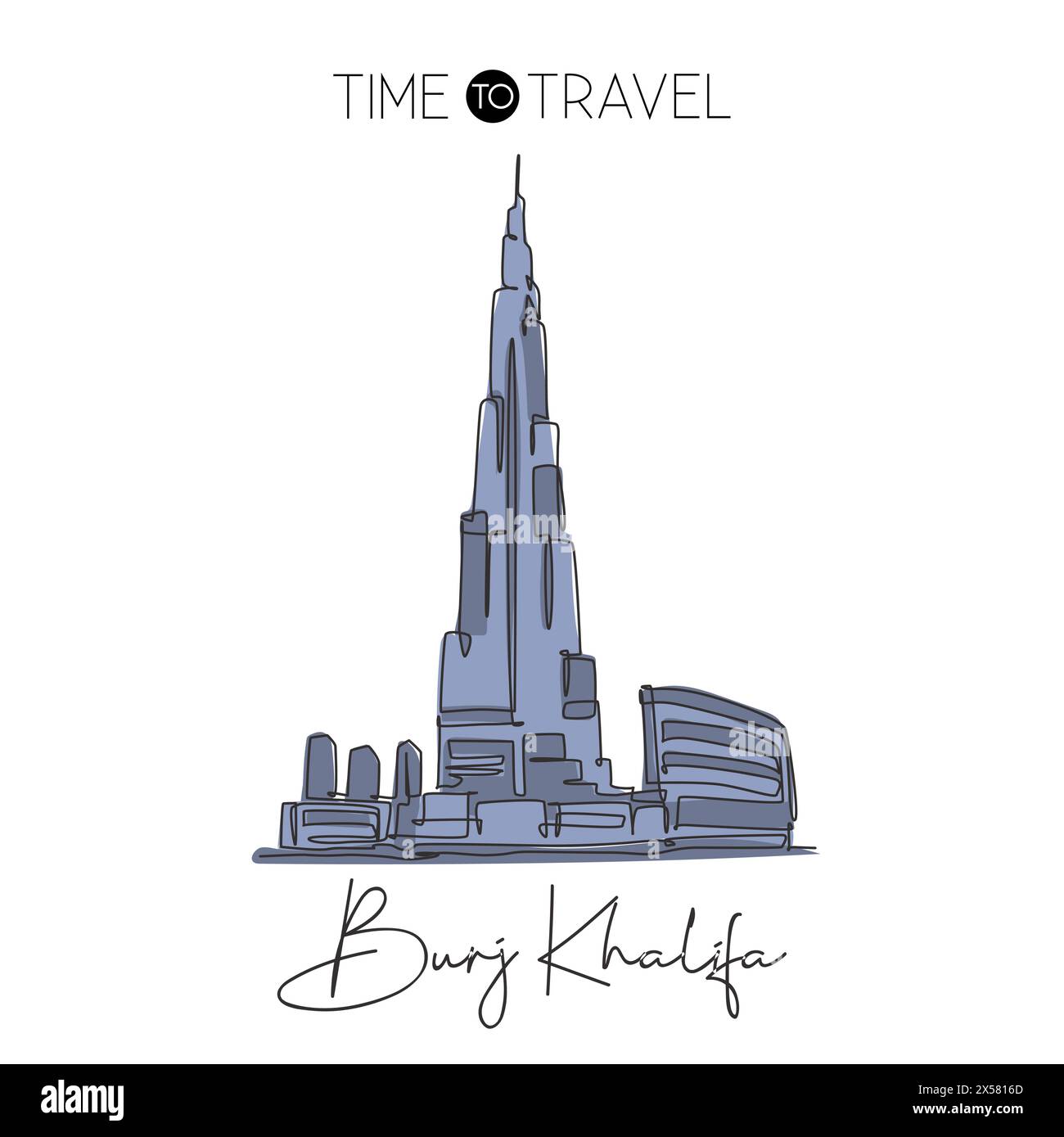 Eine einzelne Linie zeichnet das Wahrzeichen des Burj Khalifa Tower. Weltberühmter Ort in Dubai, VAE. Tourismus und Reise Postkarte Haus Kunst Wanddekor Poster Print Co Stock Vektor