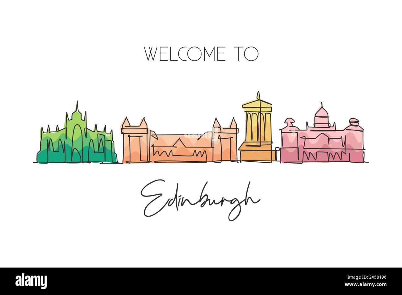 Eine durchgehende Linienzeichnung der Skyline von Edinburgh, Schottland. Wunderschönes Wahrzeichen. Weltlandschaftstourismus und Reiseurlaub. Bearbeitbar, stilvoll, STR Stock Vektor