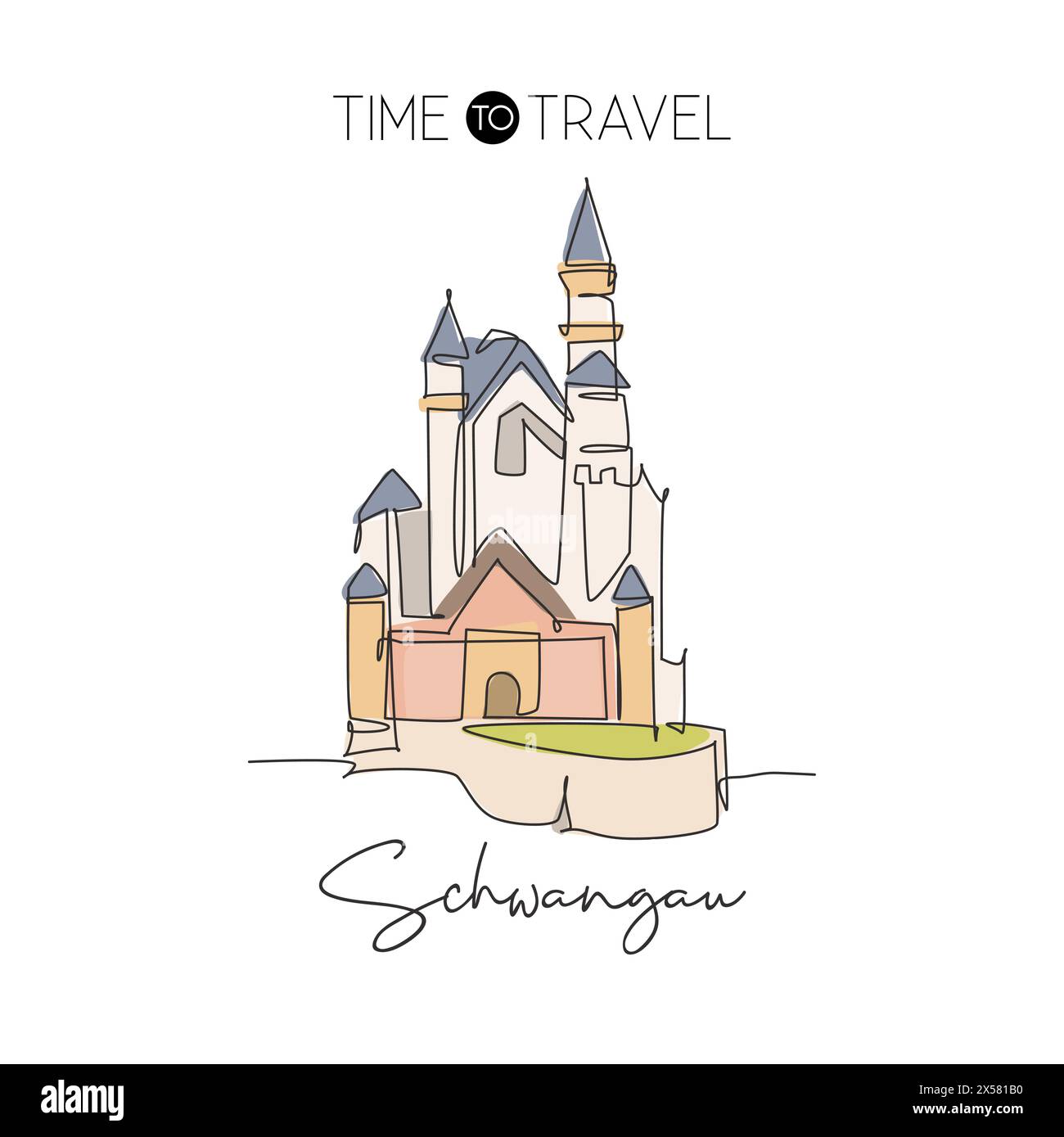 Eine durchgehende Linie zeichnet das Wahrzeichen der Burg Neuschwanstein. Bayerisches Schloss in Hohenschwangau Deutschland. Wohnwand Dekor Kunstdruck Konzept. Moder Stock Vektor