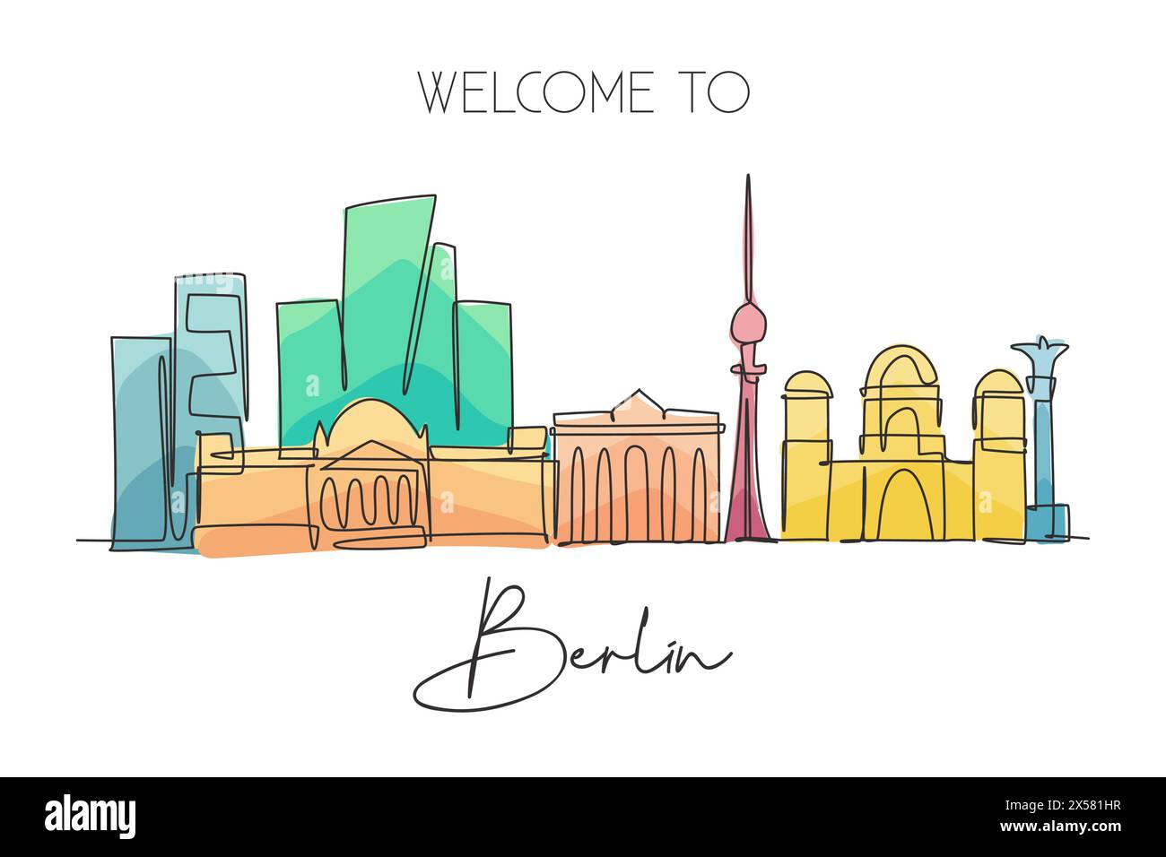 Eine durchgehende Linie mit der Skyline von Berlin. Wunderschöne Stadt Wolkenkratzer Landschaft. Welt Haus Dekor Wandkunst Poster Kunst Tourismus Reise Urlaub con Stock Vektor