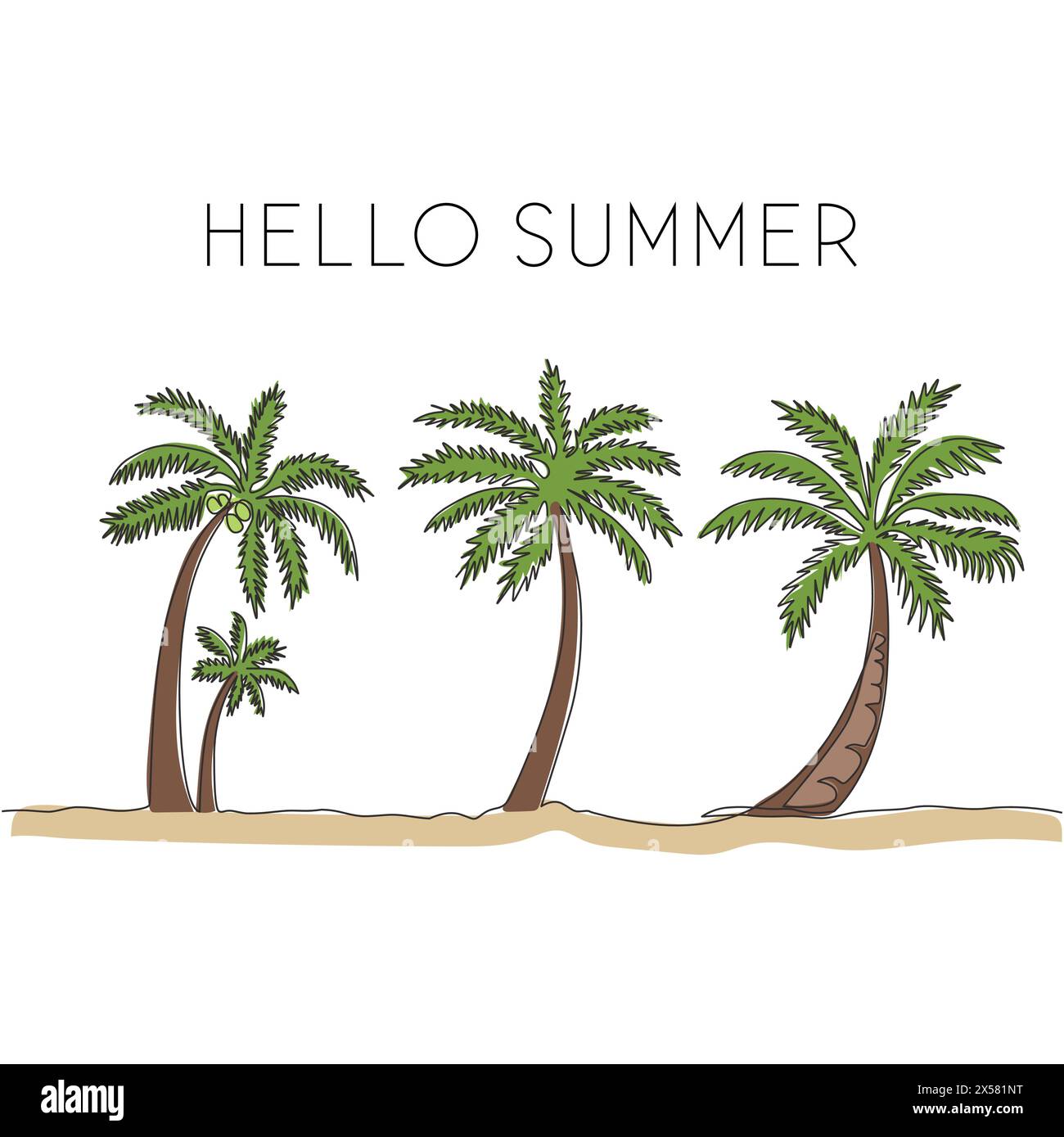 Eine einzeilige Zeichnung von Kokospalmen. Dekorative cocos Nucifera-Palme für „Hallo Sommer Gruß Postkarte“. Tourismusreiseurlaubskonzept. Modern c Stock Vektor